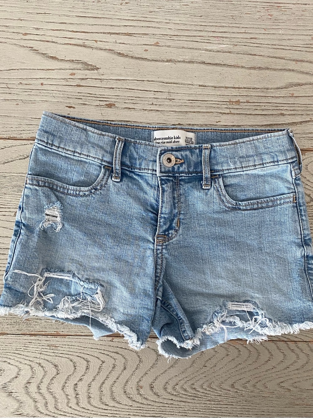 abercrombie kids light blue distressed denim shorts